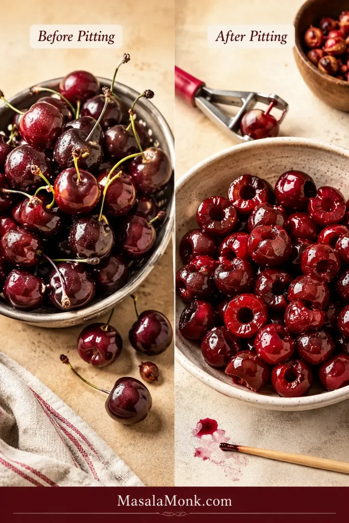 Whole fresh cherries shown beside pitted cherries in a bowl with a cherry pitter on a kitchen prep surface.