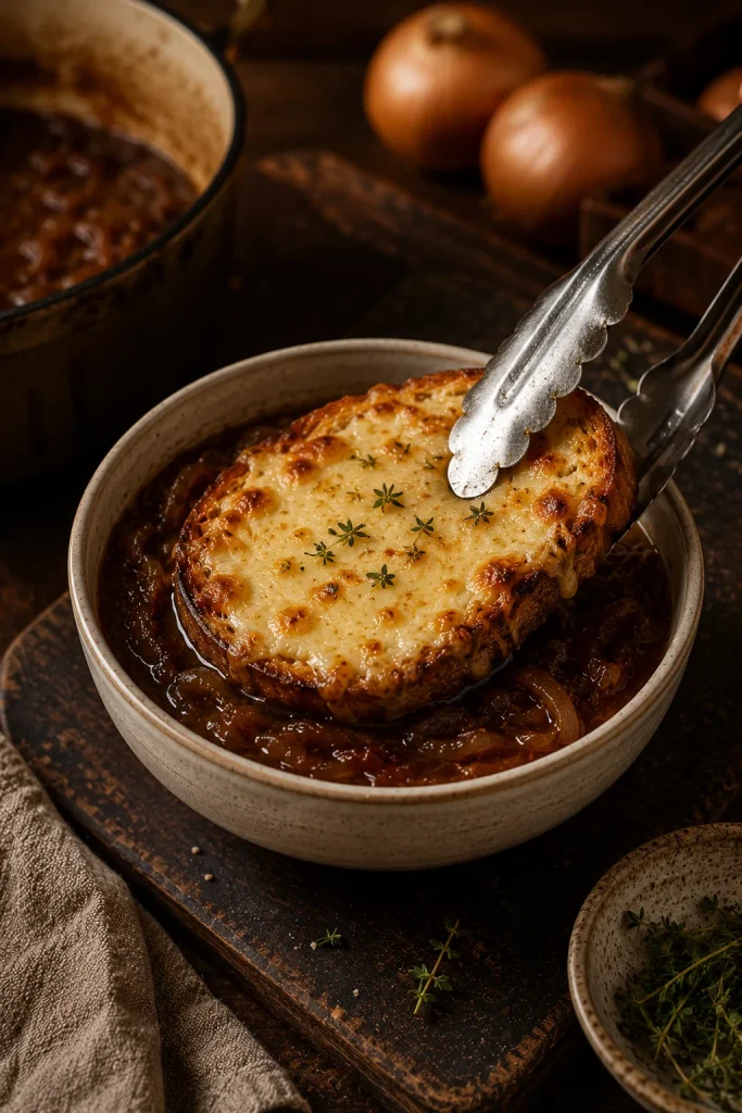 Broiled cheesy toast being placed with tongs on top of French onion soup in a regular bowl.