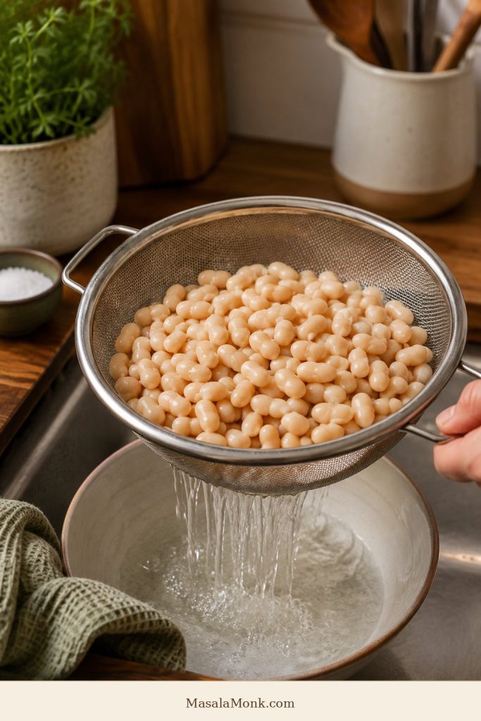 White beans draining in a colander over a bowl.