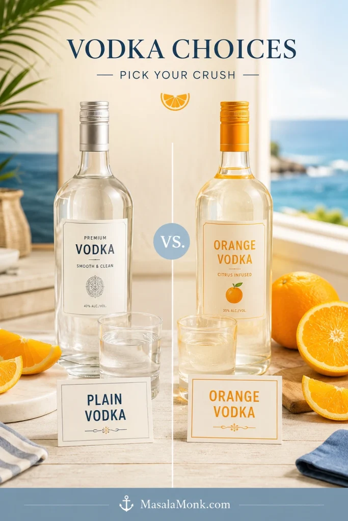 Side-by-side comparison of plain vodka and orange vodka with small pour glasses, orange slices, and labels on a coastal tabletop.