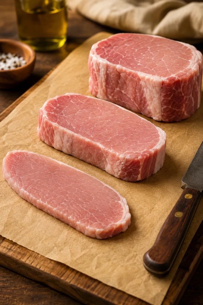 Three raw boneless pork chops of different thicknesses arranged on butcher paper.
