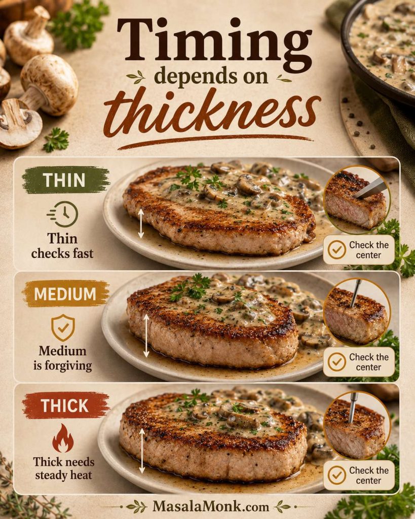 Pork chop timing guide showing thin, medium, and thick pork chops with cues to check the center and avoid relying only on time.