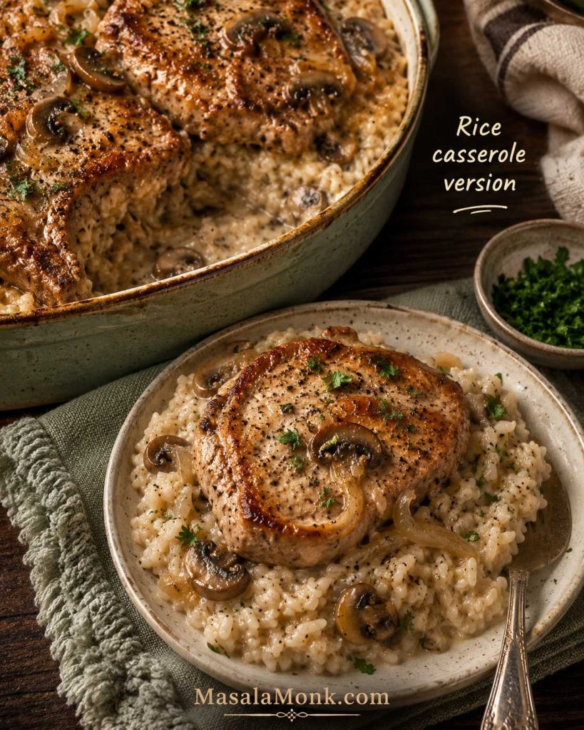 Pork chops and rice casserole with creamy mushroom sauce, browned pork chops, visible rice, mushrooms, parsley, and a plated serving.