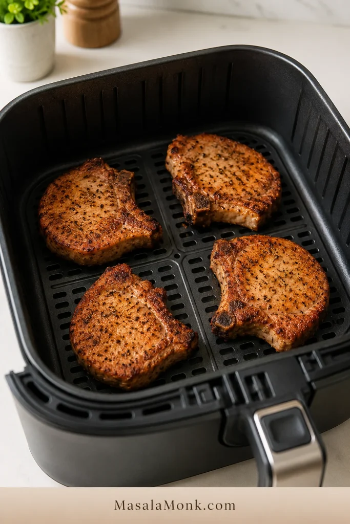 Seasoned pork chops arranged in a single layer with space between them inside a black air fryer basket.