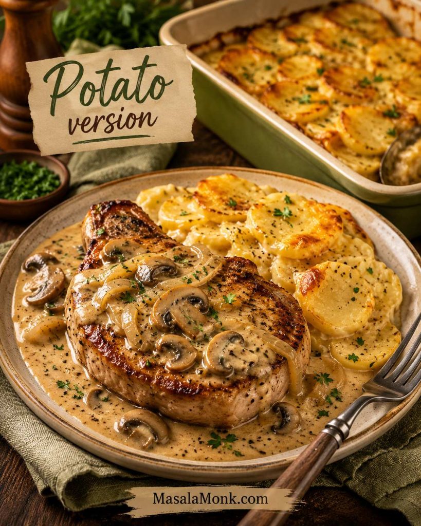 Pork chops with cream of mushroom gravy and a potato version with sliced golden potatoes in a casserole dish and on a plate.