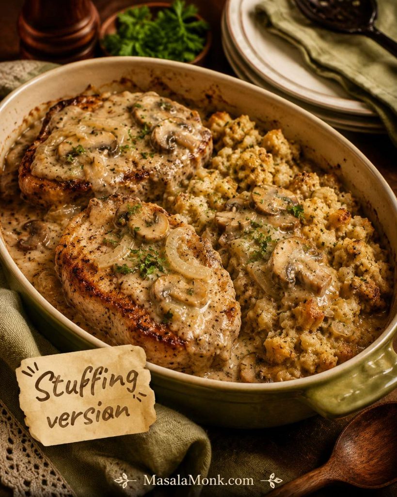 Pork chops with stuffing and cream of mushroom gravy in a casserole dish with moist golden stuffing, mushrooms, onions, and parsley.