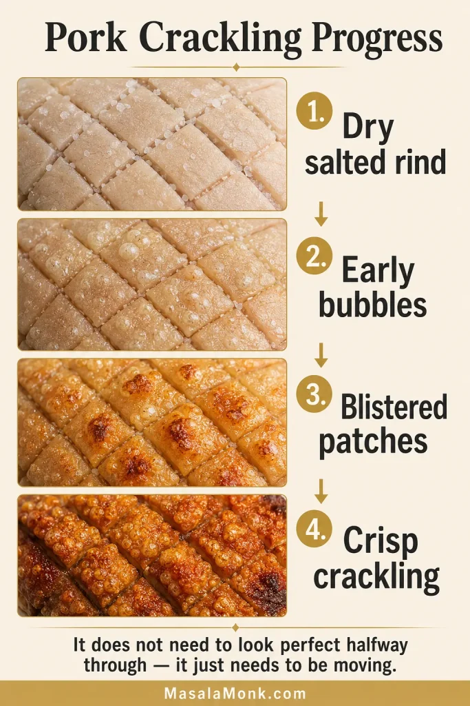 Four-stage pork crackling guide showing dry salted rind, early bubbles, blistered patches, and crisp golden crackling.