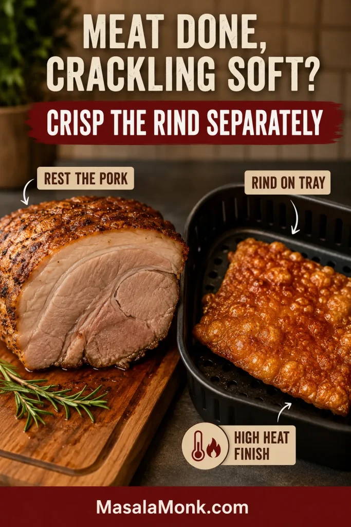 Cooked pork resting on a board while removed pork rind sits separately on a tray or air fryer basket to crisp.