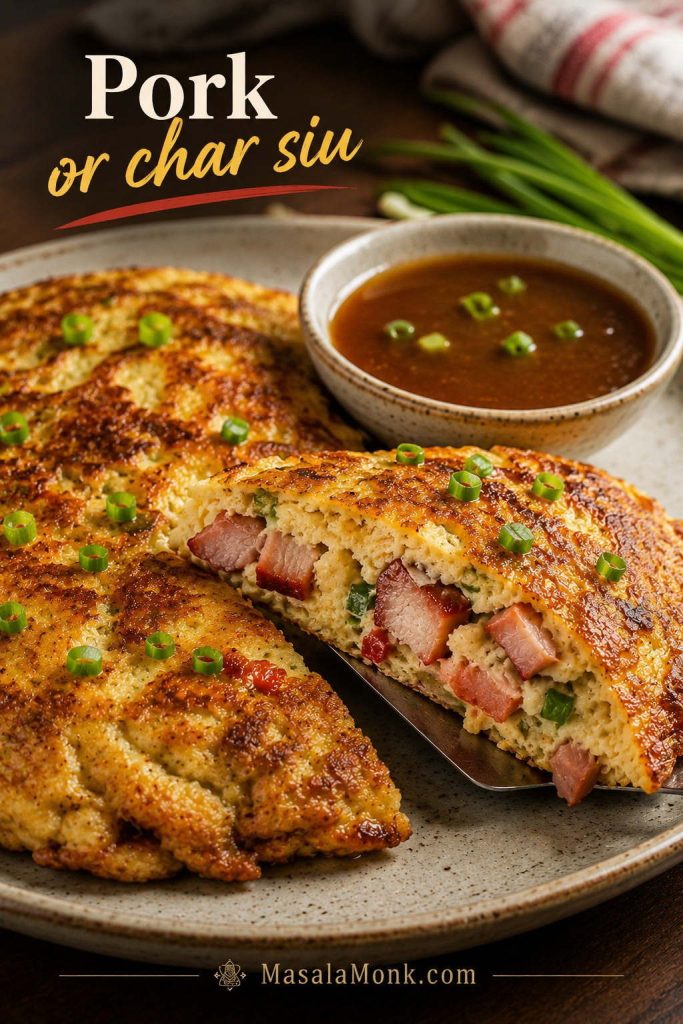 Pork Egg Foo Young patty cut open with diced char siu inside, scallions on top, and brown gravy in a bowl nearby.