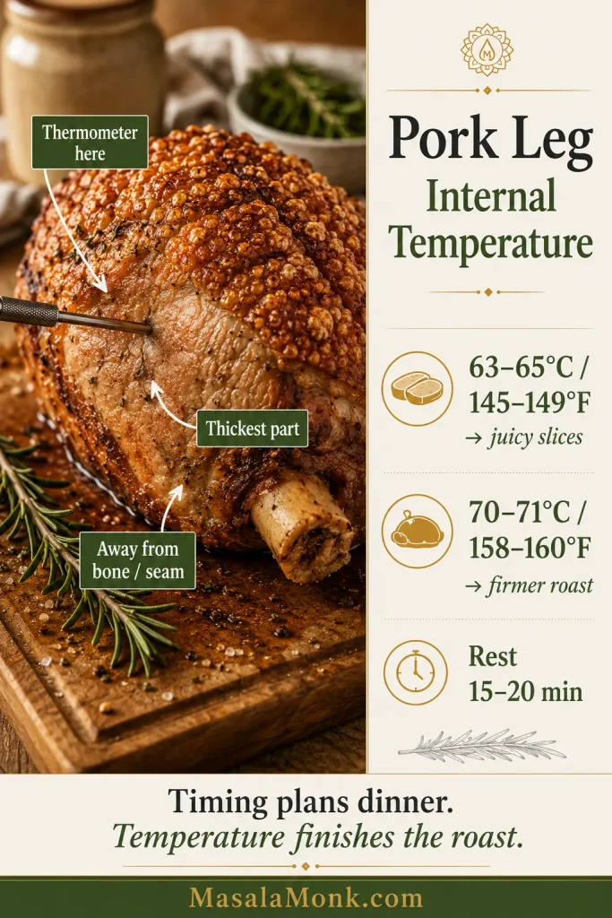 Pork leg roast with thermometer inserted into the thickest part, beside doneness ranges for juicy slices, firmer pork, and resting.