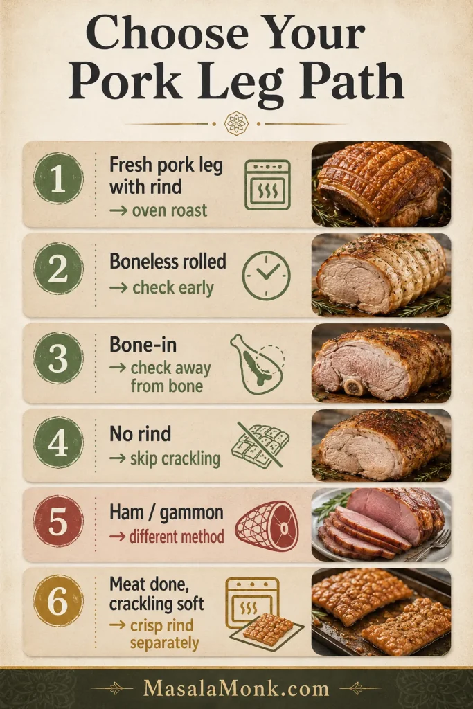 Decision guide showing different pork leg roast paths for rind-on pork, boneless rolled pork, bone-in pork, skinless pork, ham, gammon, and soft crackling.