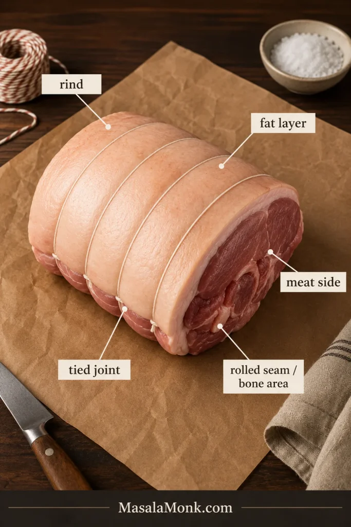 Raw skin-on pork leg roast on butcher paper with labels for rind, fat layer, meat side, rolled seam or bone area, and tied joint.