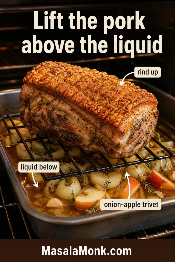 Pork leg roast sitting rind-side up on a rack above onions, apples, garlic, herbs, and liquid in a roasting tray.