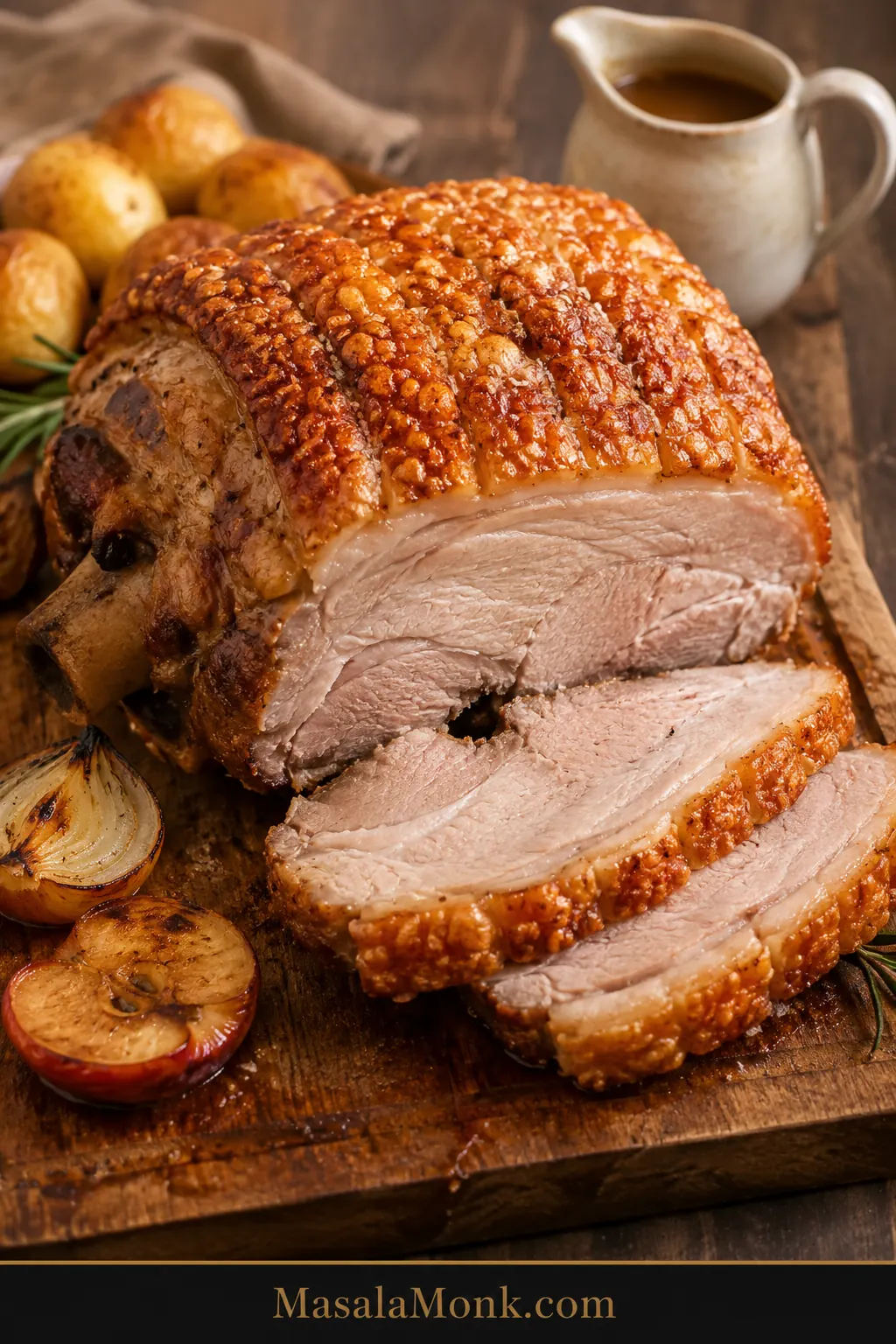 Roast pork leg with blistered golden crackling, carved slices, gravy, roasted apples, potatoes, and vegetables on a wooden board.