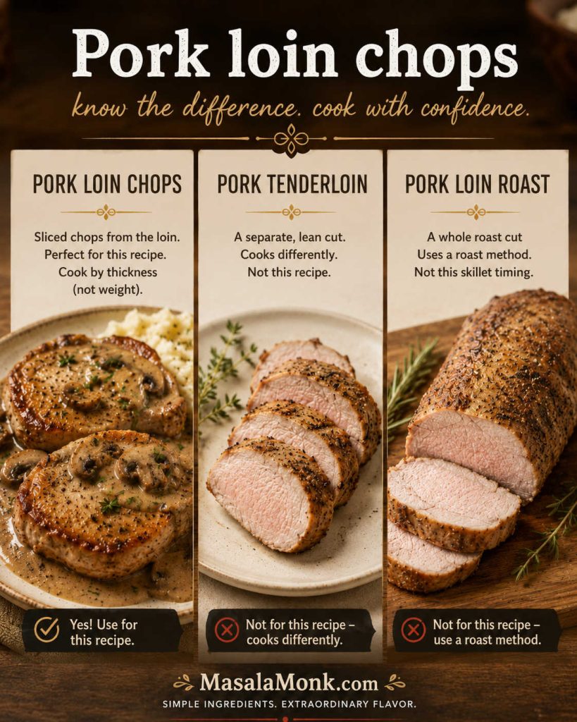 Three-panel guide comparing pork loin chops, pork tenderloin, and pork loin roast, with notes that pork loin chops work for this recipe while tenderloin and loin roast cook differently.