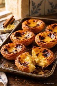 Portuguese custard tarts on a metal tray with flaky pastry shells, creamy custard centers, and dark blistered tops.