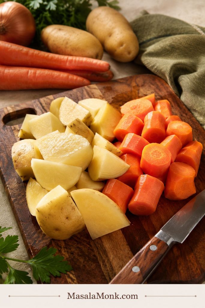 Large potato chunks and thick carrot pieces on a wooden cutting board with a knife and whole vegetables nearby.