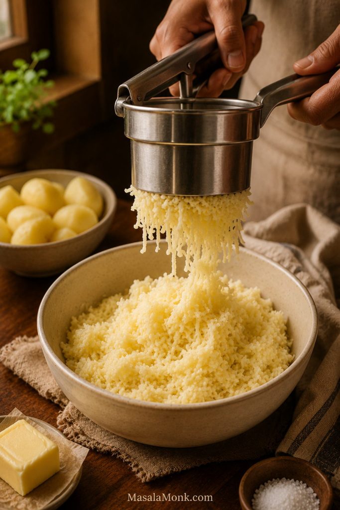 Potato ricer pressing cooked potatoes into fluffy strands over a bowl.