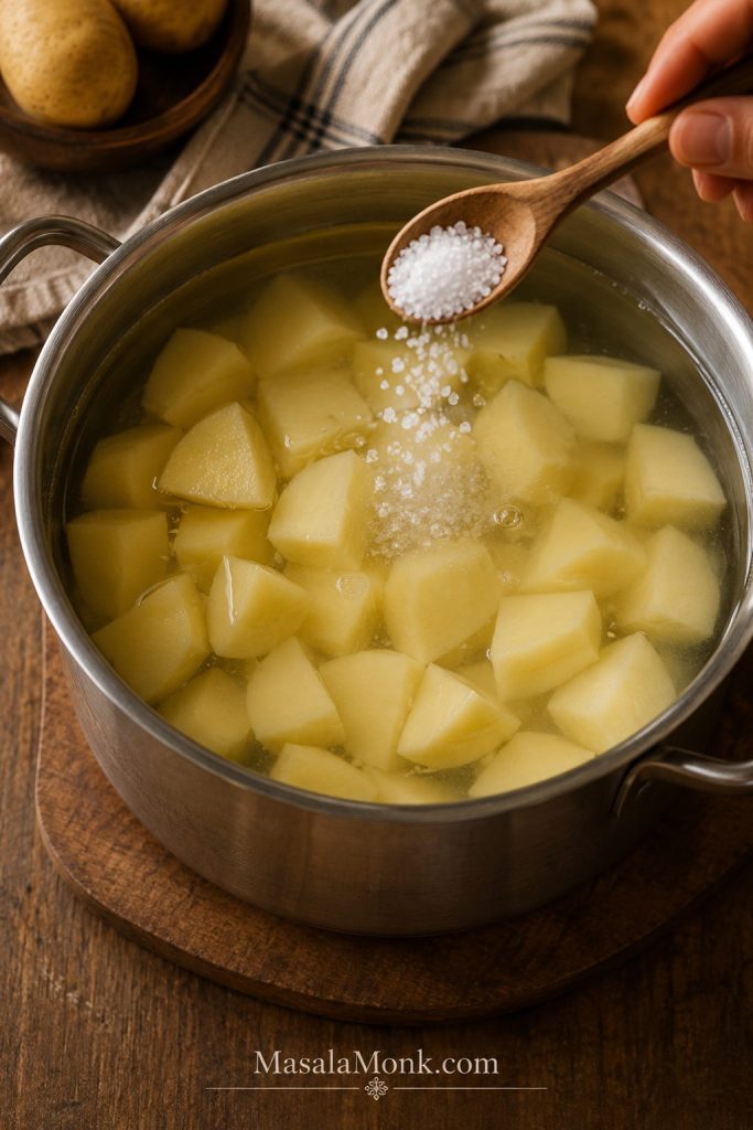 Potato chunks in a pot of cold water with salt being added before boiling.