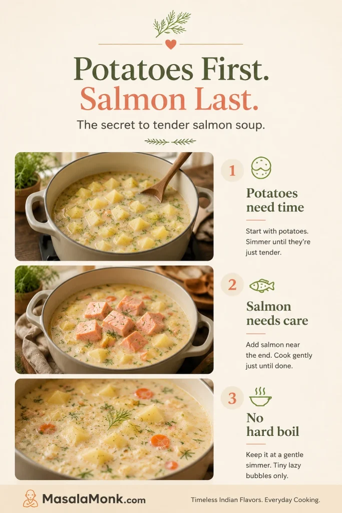 Three-panel guide showing potatoes cooking first, salmon added near the end, and small bubbles for tender salmon soup.