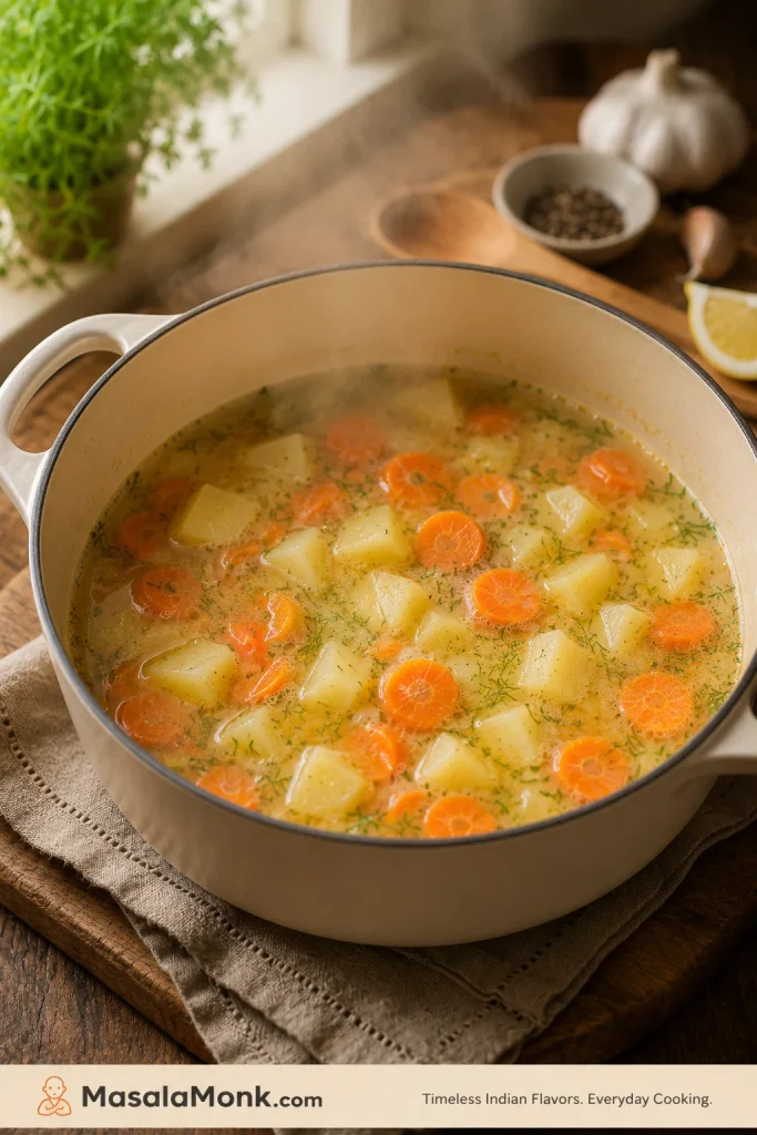 Potatoes and carrots simmering in broth in a pot before salmon is added.