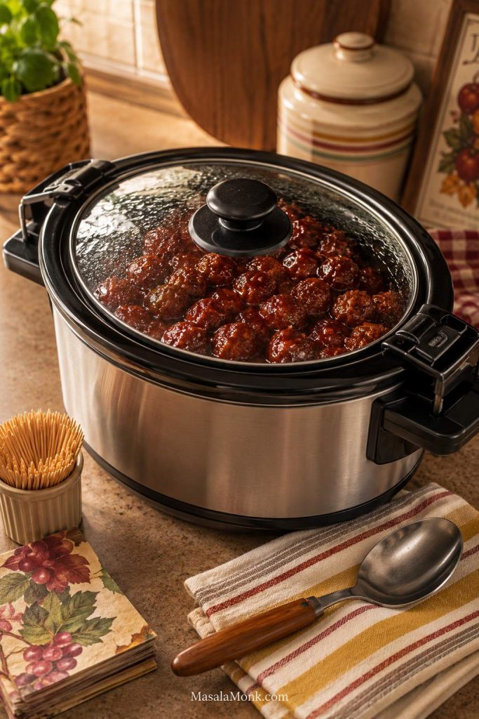 Covered slow cooker with grape jelly meatballs visible through the lid beside a spoon, napkins, toothpicks, and towels.