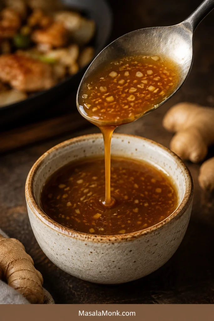 A spoon pouring brown hibachi ginger sauce with small flecks back into a ceramic bowl.