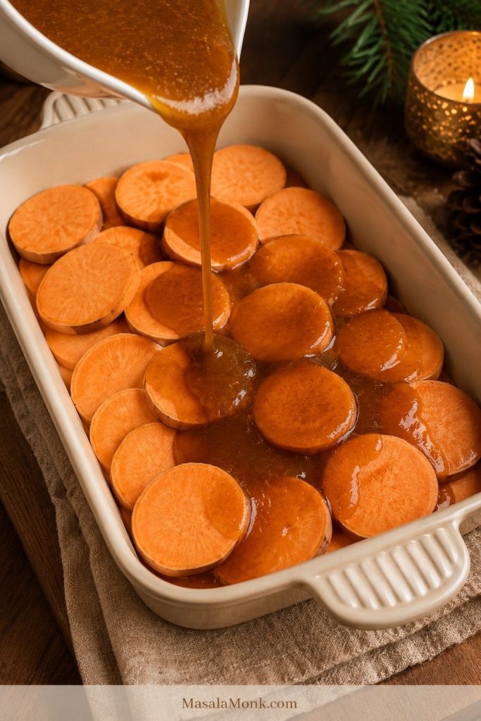 Brown sugar butter sauce being poured over arranged orange sweet potato slices in a cream baking dish.