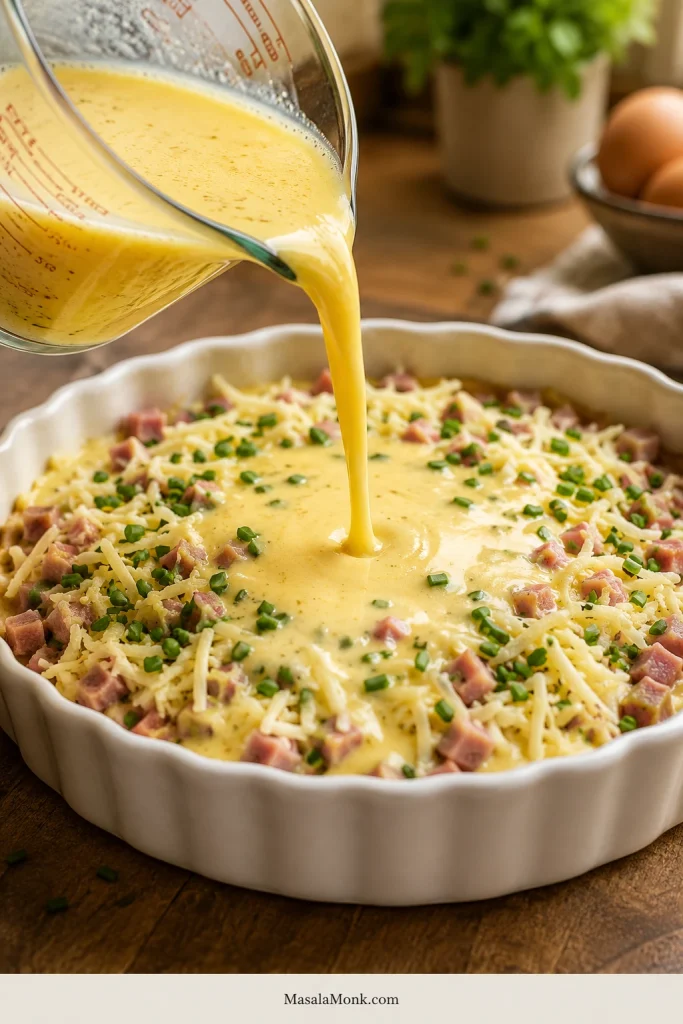 Egg custard being poured from a glass measuring cup into a pie crust filled with ham, cheese, and chives.