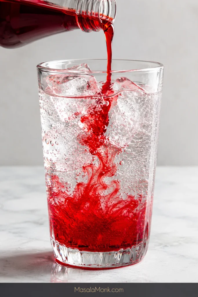 Red grenadine being poured into a glass of ice and clear soda, creating a red layer at the bottom.