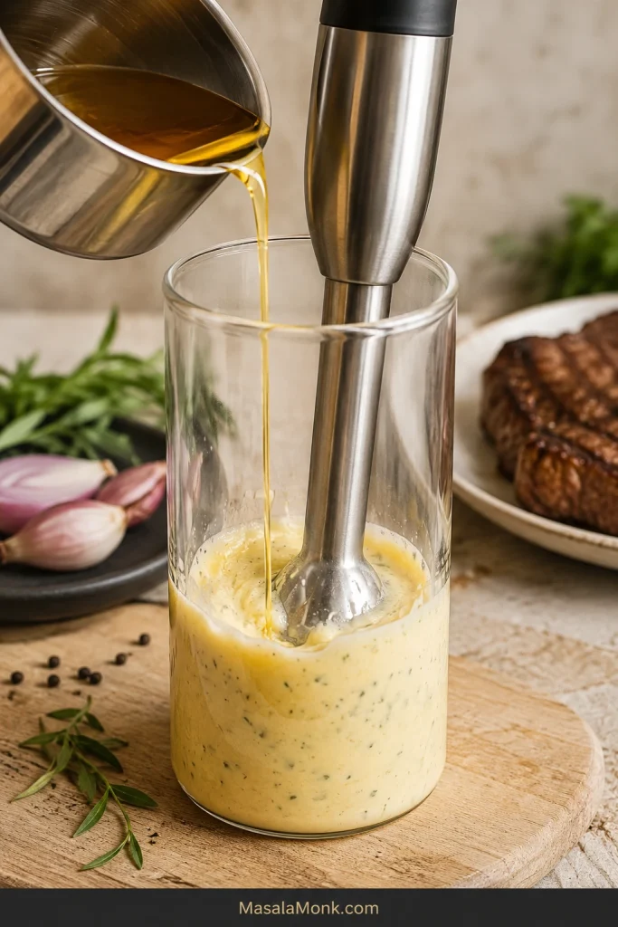 Hot clarified butter poured in a thin stream into a glass jar while an immersion blender runs.