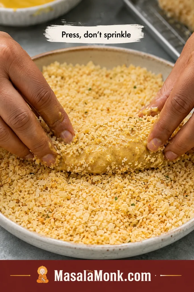 Hands pressing a honey-mustard-coated chicken tender into coarse panko breadcrumbs in a shallow bowl.