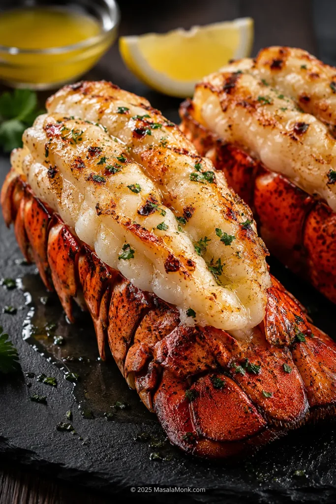 Close-up of properly cooked grilled lobster tail meat that looks pearly, juicy, and lightly charred.