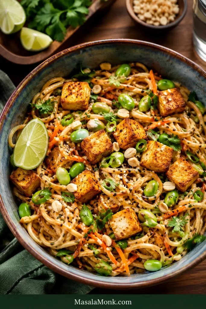 Peanut noodles topped with crispy tofu, edamame, carrots, herbs, peanuts, scallions, sesame seeds, and lime