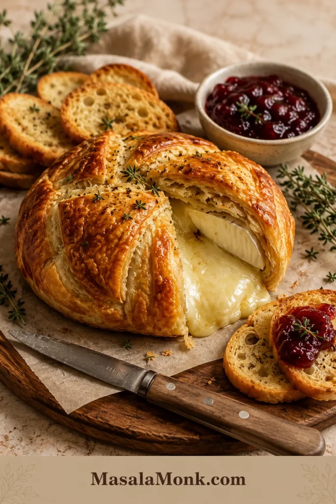 Golden puff pastry baked brie cut open with melted brie inside, crostini, cranberry jam, thyme, and a knife nearby.