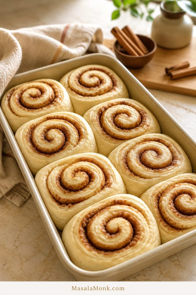 Puffy cinnamon rolls after the second rise ready to bake