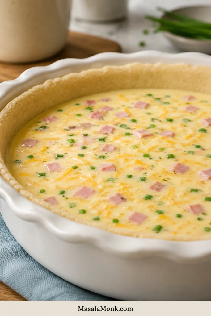 Unbaked quiche filling sitting below the visible rim of a deep pie crust in a white ceramic dish.