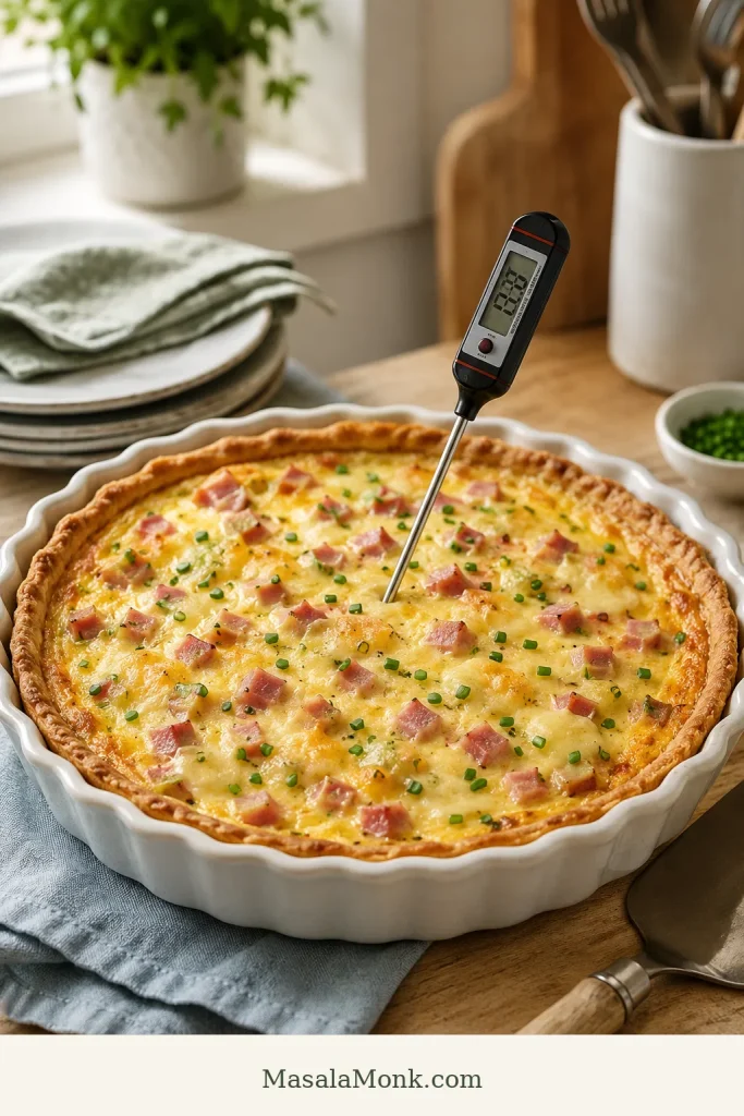 Instant-read thermometer inserted into the center of a baked ham and cheese quiche in a white ceramic pie dish.