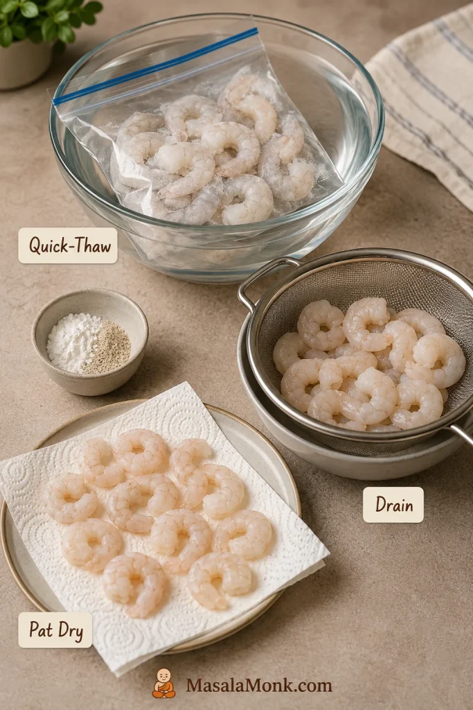 Frozen shrimp sealed in a bag thawing in cold water, with drained shrimp and paper towel-dried shrimp beside it.