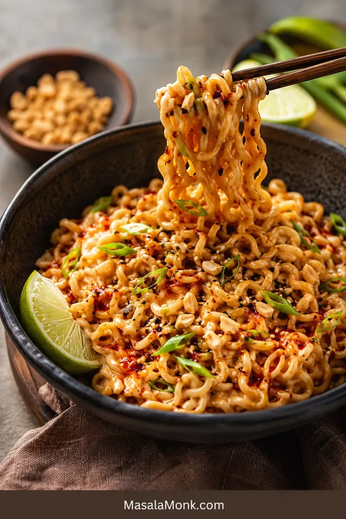 Ramen peanut noodles in a dark bowl with chili oil, scallions, peanuts, sesame seeds, lime, and noodles lifted with chopsticks