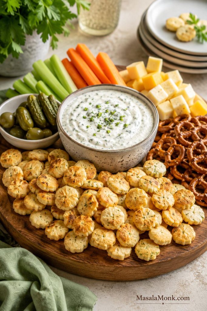 Ranch oyster crackers served on an appetizer board with creamy dip, cheese cubes, carrots, celery, pretzels, pickles, and olives.