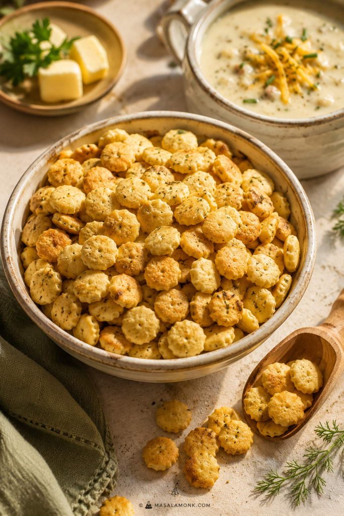 Final serving bowl of ranch oyster crackers with a wooden scoop, creamy soup, butter, herbs, and soft green linen.