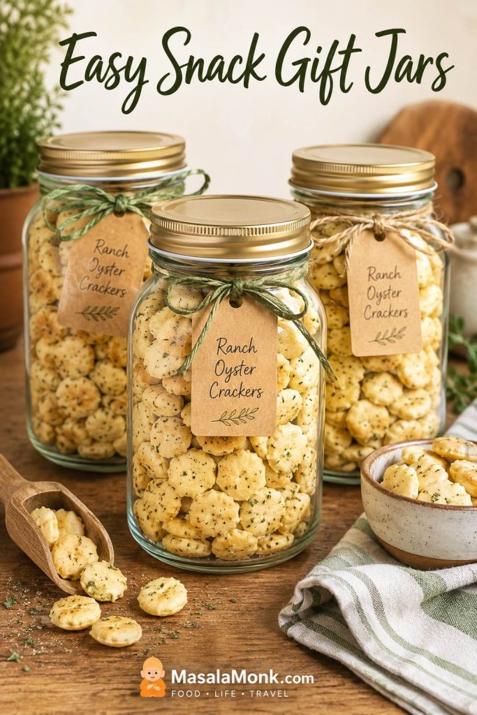 Glass jars filled with ranch oyster crackers, kraft tags, ribbons, scoop, and small bowl of crackers.