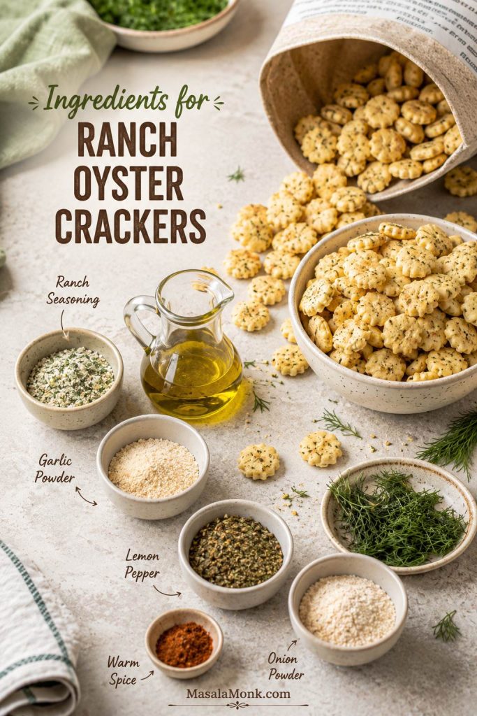 Oyster crackers with oil, dry ranch seasoning, dill, garlic powder, lemon pepper, and onion powder in small bowls.