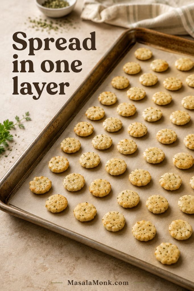 Ranch oyster crackers spread in a single layer on a parchment-lined rimmed baking sheet.