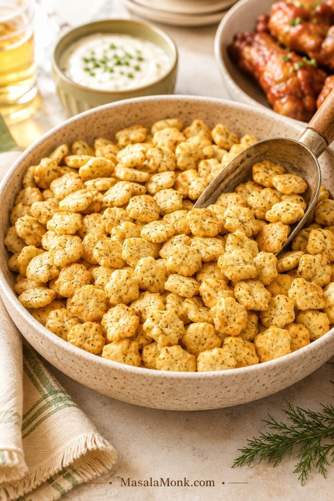 Large bowl of ranch oyster crackers with a scoop, dip, drinks, and party snacks in the background.