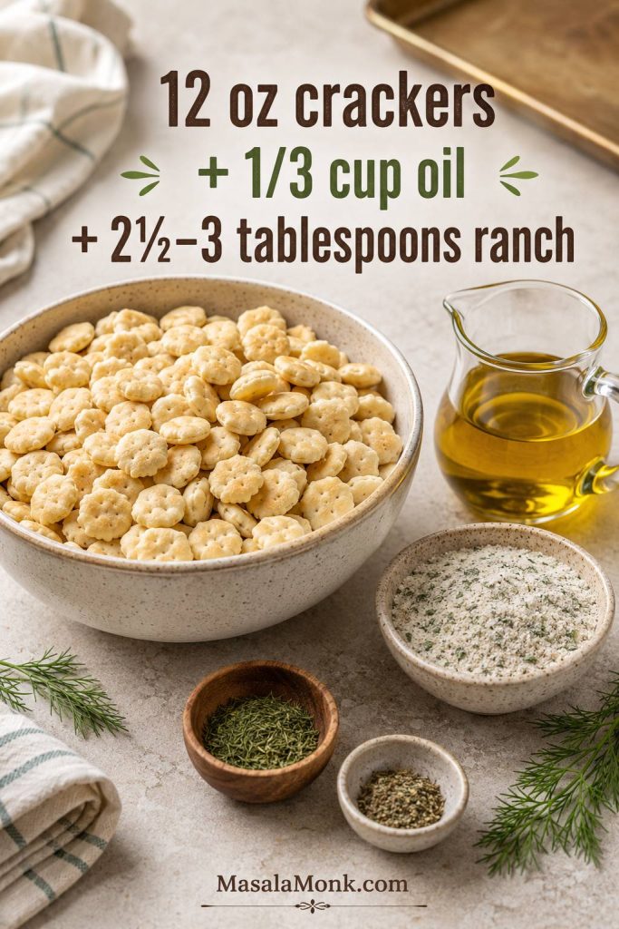 Prep scene with oyster crackers, oil, dry ranch seasoning, dill, garlic powder, lemon pepper, and sheet pan.