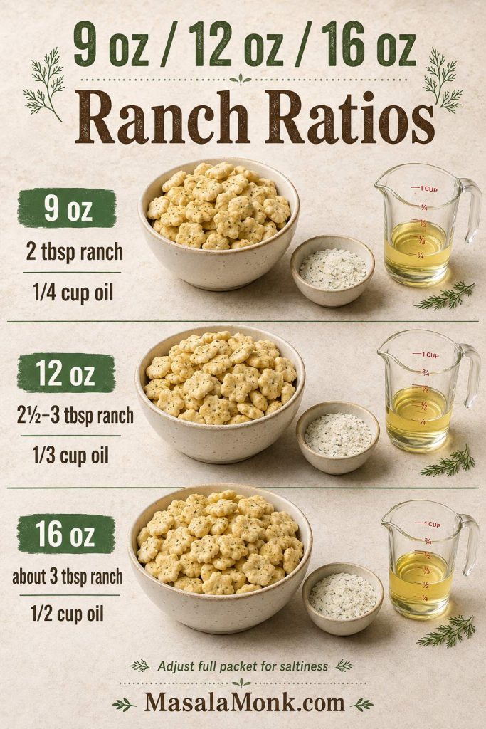 Three ranch oyster cracker ratio sections for 9 ounce, 12 ounce, and 16 ounce batches with ranch and oil measurements.