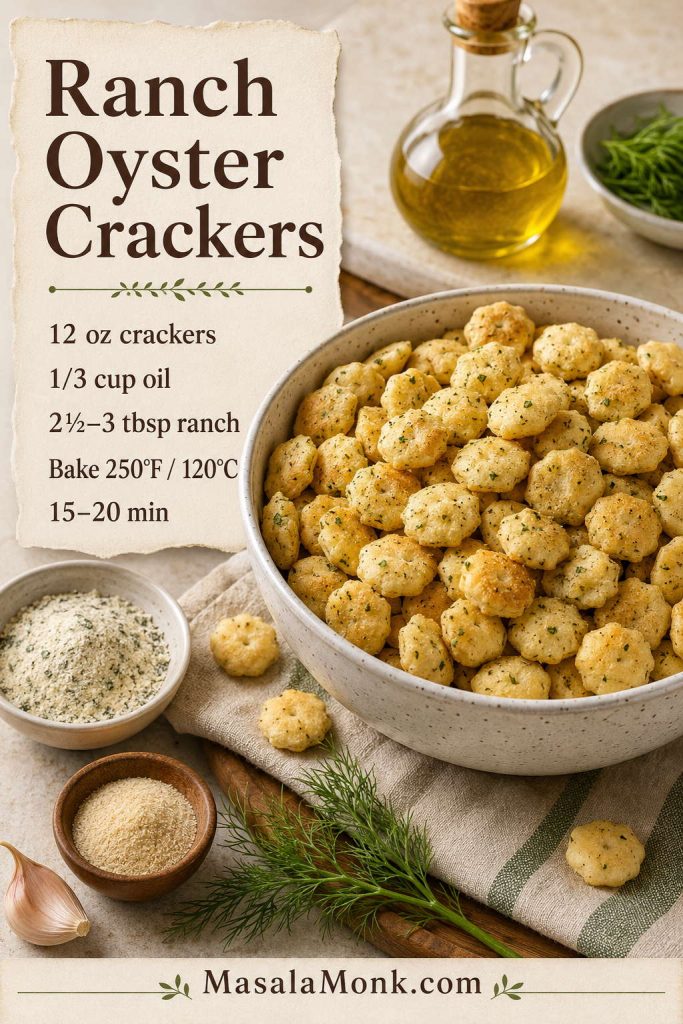 Saveable recipe card with ranch oyster crackers, oil, dry ranch seasoning, garlic powder, dill, and bake time.