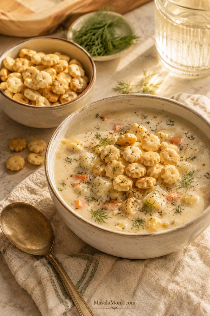 Creamy soup topped with ranch oyster crackers, with extra crackers in a small bowl nearby.